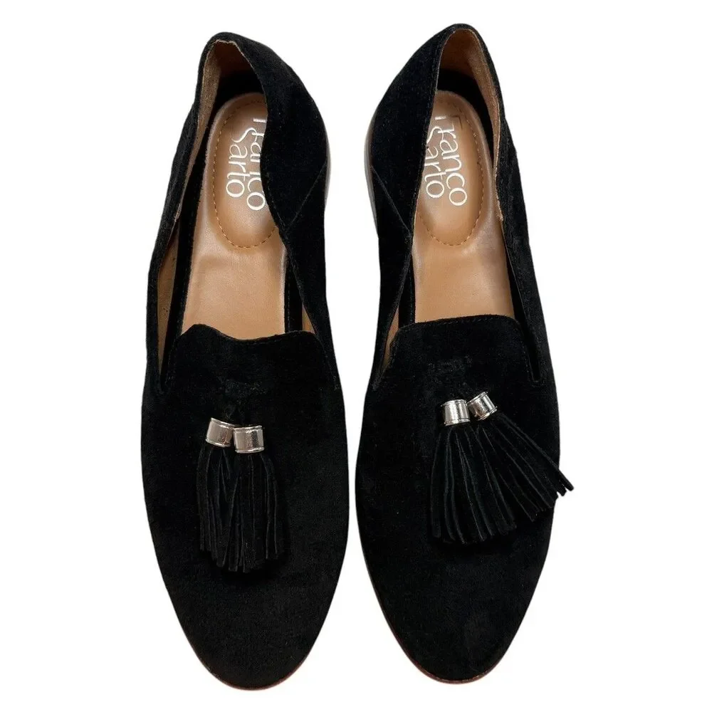 Franco Sarto Hadden Loafers Size 9.5 Leather Suede Black Tassels Neutral Preppy